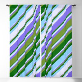 [ Thumbnail: Vibrant Medium Slate Blue, Green, Dark Green, Light Sky Blue & Lavender Colored Stripes Pattern Blackout Curtain ]