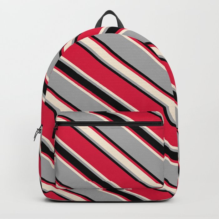 Crimson, Beige, Dark Grey, and Black Colored Lined/Striped Pattern Backpack