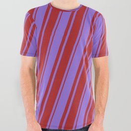 [ Thumbnail: Purple and Red Colored Lines/Stripes Pattern All Over Graphic Tee ]