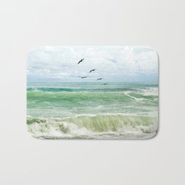 Birds flying above ocean Bath Mat | Oceanlover, Green, Waves, Seascape, Swell, Ocean, Sea, Peaceful, Tidal, Tide 