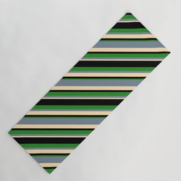 [ Thumbnail: Light Slate Gray, Beige, Black, and Forest Green Colored Lined Pattern Yoga Mat ]