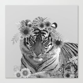 Tiger Cat - Wild Sunflower Leaves black & white Canvas Print