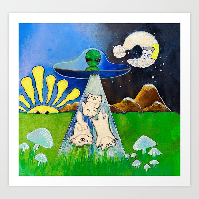 Alien abduction kitty cat trippy psychedelic sun and moon cartoon Art Print