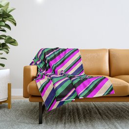 [ Thumbnail: Eyecatching Fuchsia, Bisque, Midnight Blue, Sea Green & Black Colored Lines/Stripes Pattern Throw Blanket ]