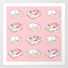 Cat Relax on Donut and Toast Art Print | Doodle, Pattern, Donut, Pink, Afternoontea, Breakfast, Kitten, White, Pastel, Tabby 