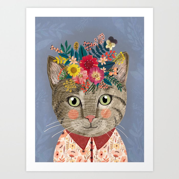 Grey cat with flower crown Art Print