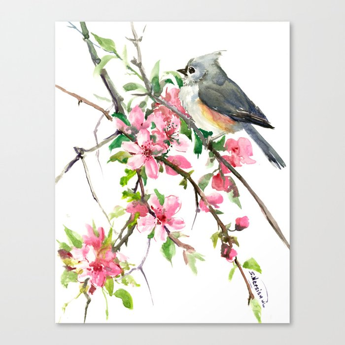 Titmouse And Cherry Blossom Birds And Flowers Design Artwork Canvas Print By Sureart Society6