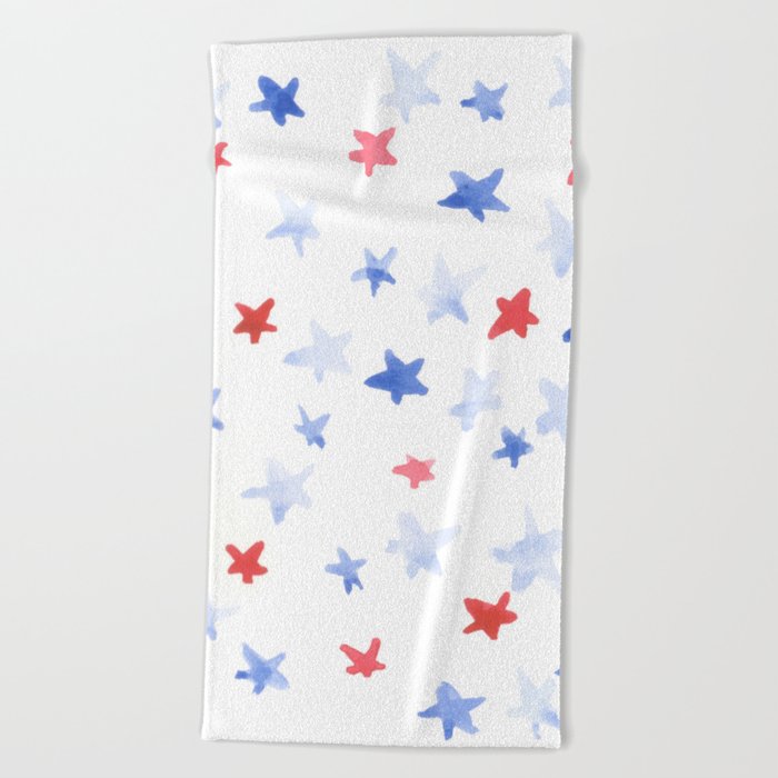 Red and Blue stars 4th of July watercolor design Beach Towel