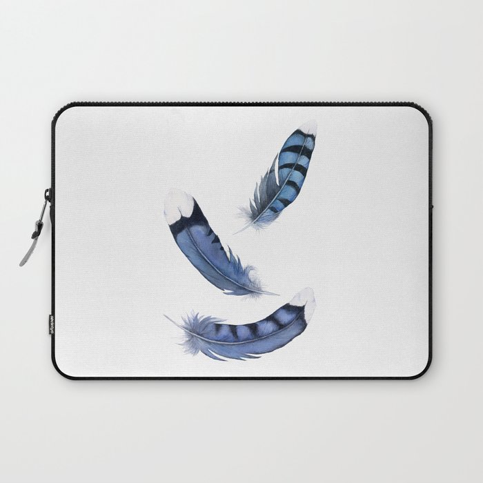 Falling Feather, Blue Jay Feather, Blue Feather watercolor painting by Suisai Genki Laptop Sleeve