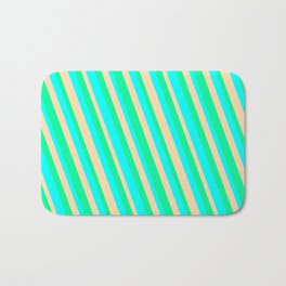[ Thumbnail: Aqua, Tan, and Green Colored Striped/Lined Pattern Bath Mat ]
