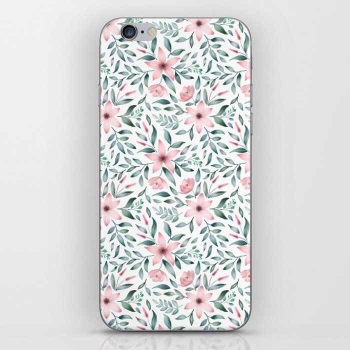 Watercolor pink flowers and leaves  iPhone Skin