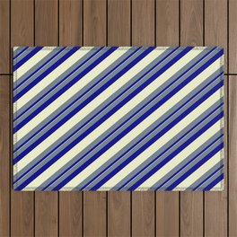 [ Thumbnail: Slate Gray, Dark Blue & Light Yellow Colored Lined Pattern Outdoor Rug ]