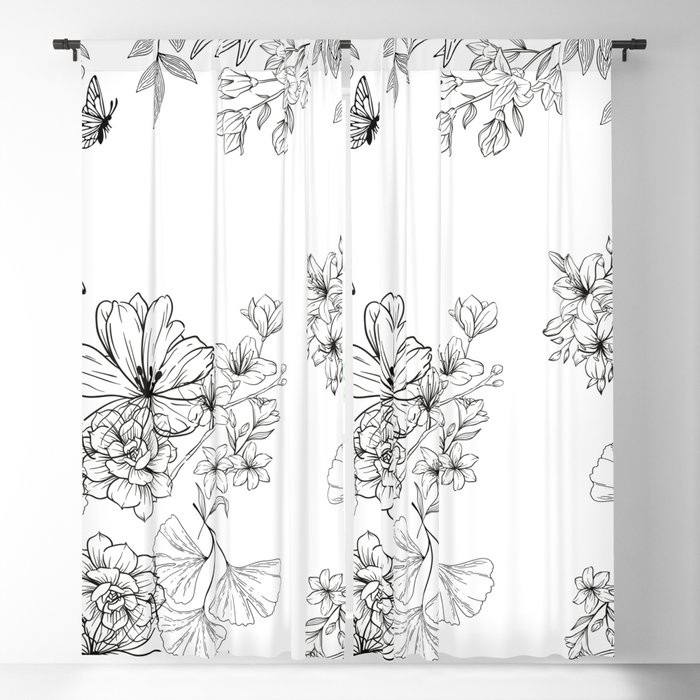 Black and White, Floral, Pattern, Minimalist, Modern, Abstract, Fashion  Print, Texture Blackout Curtain by Magic Love Art Print