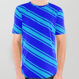 [ Thumbnail: Blue & Deep Sky Blue Colored Lines/Stripes Pattern All Over Graphic Tee ]