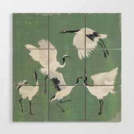 Dancing cranes - jade green Wood Wall Art