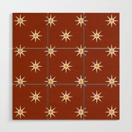Atomic mid century retro star flower pattern in burnt orange background Wood Wall Art