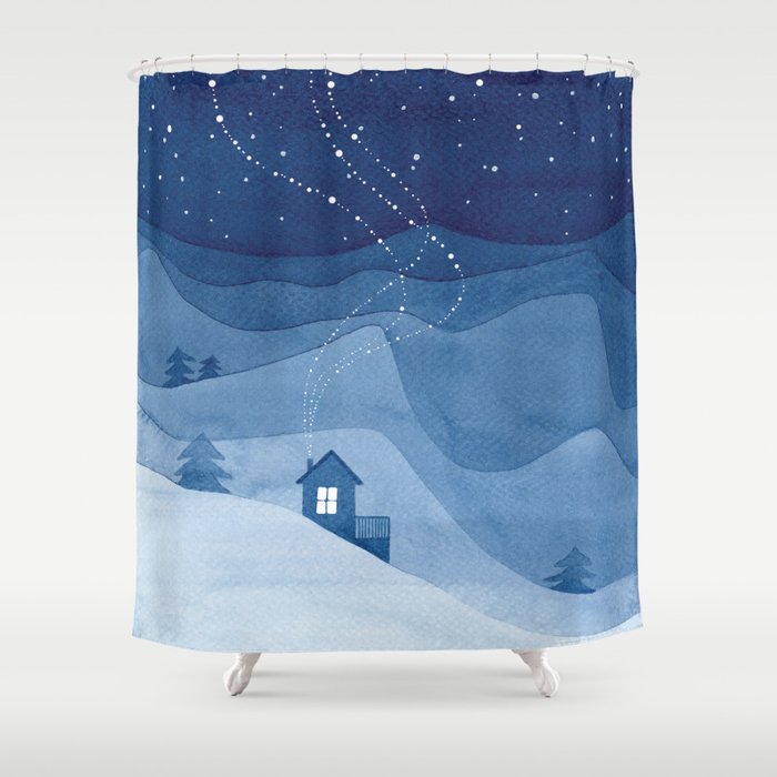 house in mountains, blue Shower Curtain