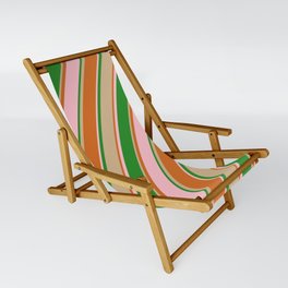 [ Thumbnail: Tan, Chocolate, Pink, and Forest Green Colored Striped Pattern Sling Chair ]