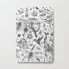 Black N White Line Art Safari Wildlife  Metal Print | Lineart, Hummingbird, Palmtree, Coloringpage, Tropical, Exotic, Doodle, White, Elephant, Pattern 