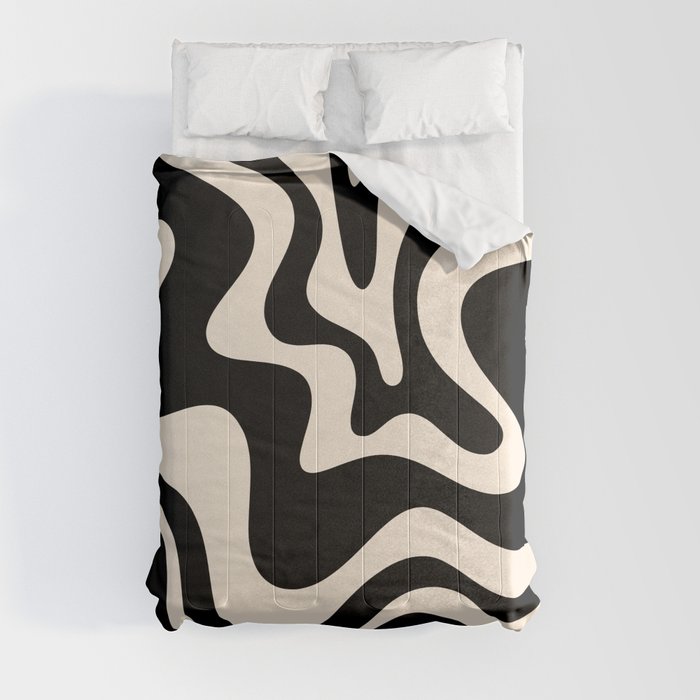 Retro Liquid Swirl Abstract Pattern 3 in Black and Almond Cream Comforter