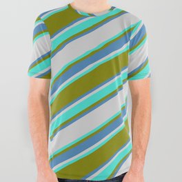 [ Thumbnail: Green, Blue, Light Gray & Turquoise Colored Striped Pattern All Over Graphic Tee ]