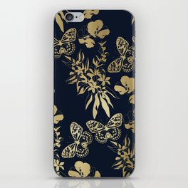 Exotic Floral and Butterfly Art Navy and Gold iPhone Skin