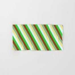 [ Thumbnail: Dark Sea Green, Tan, Light Cyan, Lime Green, and Brown Colored Pattern of Stripes Hand & Bath Towel ]