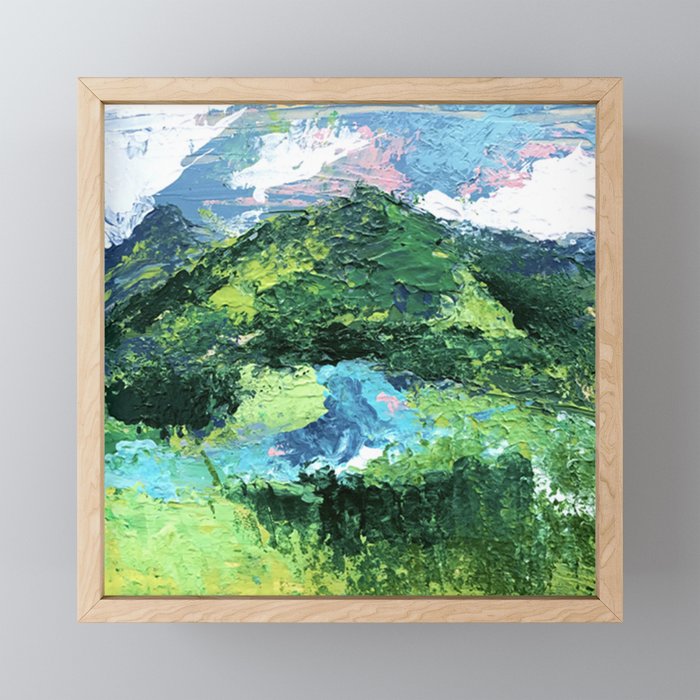 Gunnison: a vibrant acrylic mountain landscape in greens, blues, and a splash of pink Framed Mini Art Print
