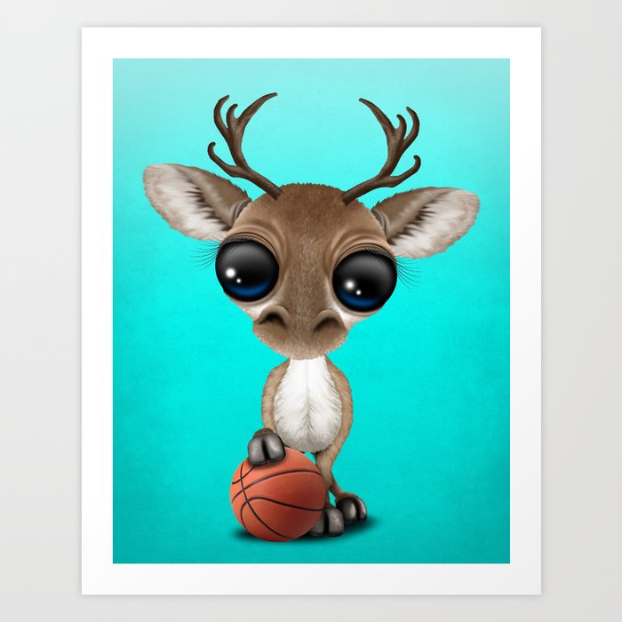Cute Baby Reindeer Playing With Basketball Art Print By