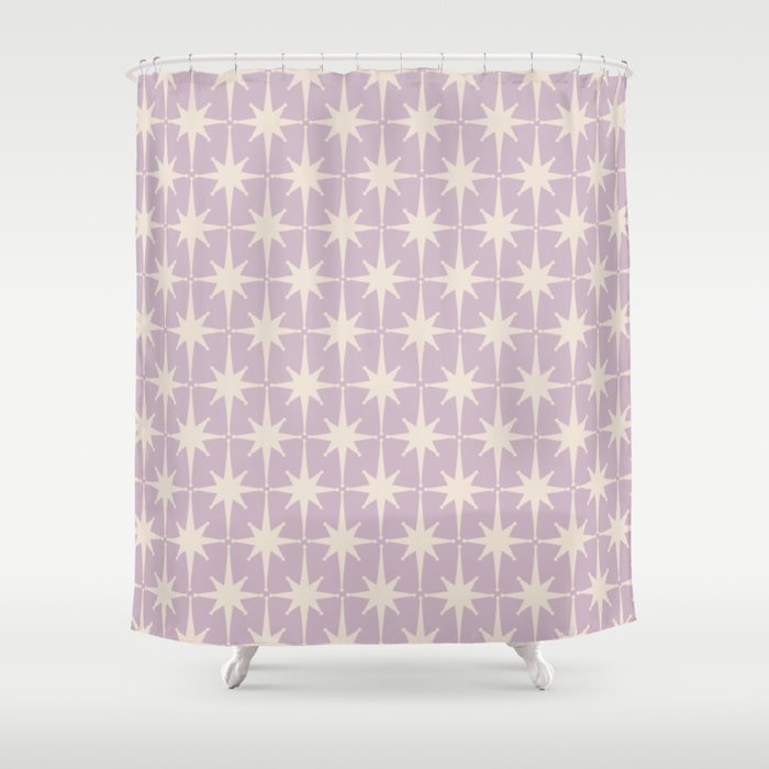 Midcentury Modern Atomic Starburst Pattern in Pretty Lilac and Cream Shower Curtain