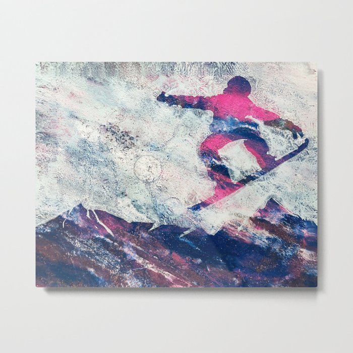 Snowboarder flying over the mountains Metal Print