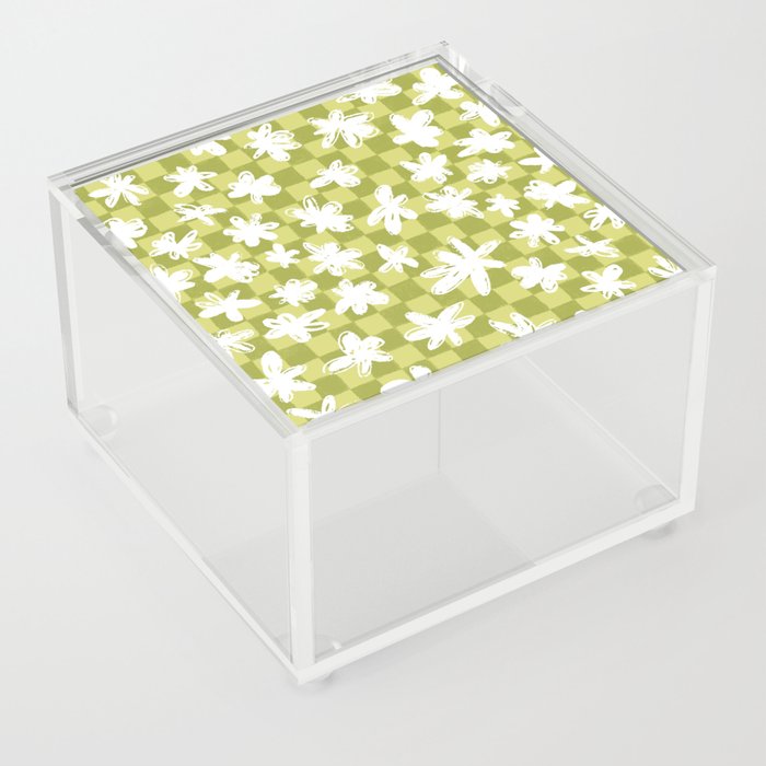 Cute Simple Flowers on Hand-Drawn Checkerboard \\ Green BG Checks Acrylic Box