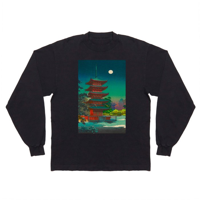 Tsuchiya Koitsu Vintage Japanese Woodblock Print Pagoda At Night Long Sleeve T Shirt
