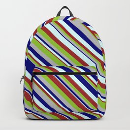 [ Thumbnail: Blue, Light Cyan, Brown, Green, and Grey Colored Striped Pattern Backpack ]