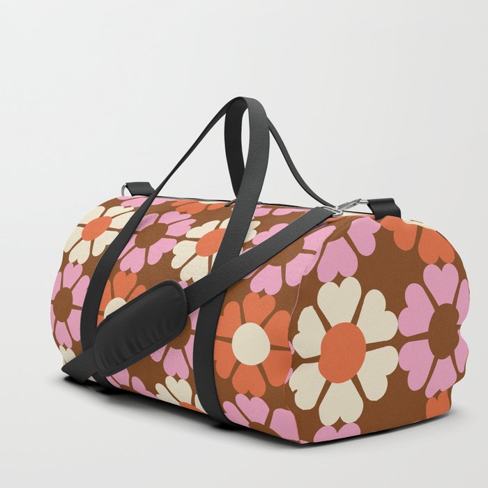 Bold Geometric Flower Power Pattern in Pink, Orange, Brown & Beige Duffle Bag