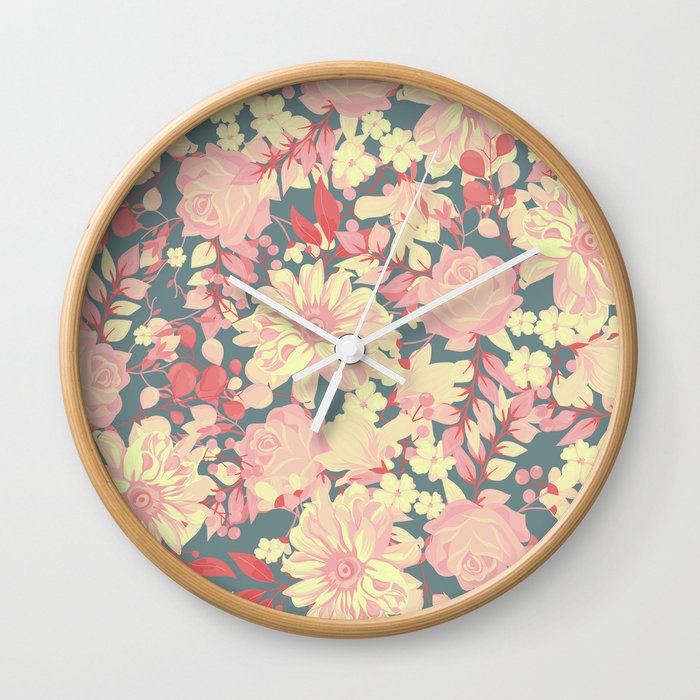 Modern Abstract Pink Coral Yellow Blue-Green Floral   Wall Clock