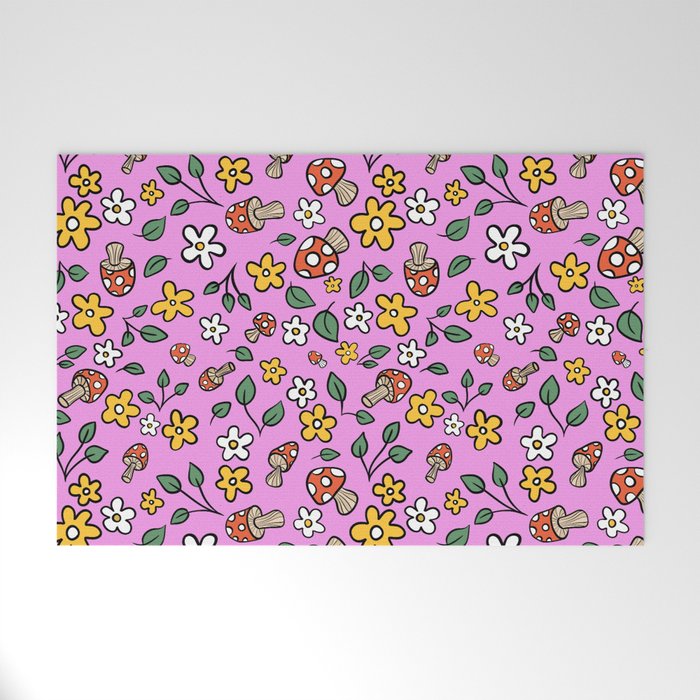 70s Retro Mushroom and Daisy Pattern Pink Welcome Mat