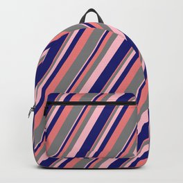 [ Thumbnail: Light Coral, Gray, Pink & Midnight Blue Colored Stripes Pattern Backpack ]