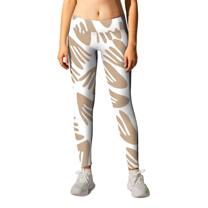 Papier Découpé Modern Abstract Cutout Pattern in Beige Birch and White Leggings