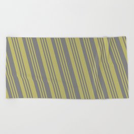 [ Thumbnail: Gray and Dark Khaki Colored Lines Pattern Beach Towel ]