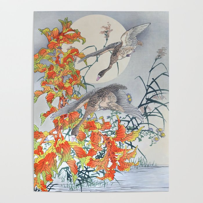 Kono Bairei - Wild Geese And Amaranthus Tricolor At Full Moon - Antique Japanese Woodblock Print Art Poster