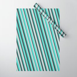[ Thumbnail: Turquoise, Dark Slate Gray, and Light Gray Colored Pattern of Stripes Wrapping Paper ]