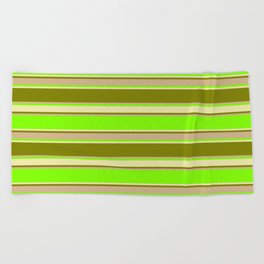 [ Thumbnail: Chartreuse, Pale Goldenrod, Green & Tan Colored Pattern of Stripes Beach Towel ]