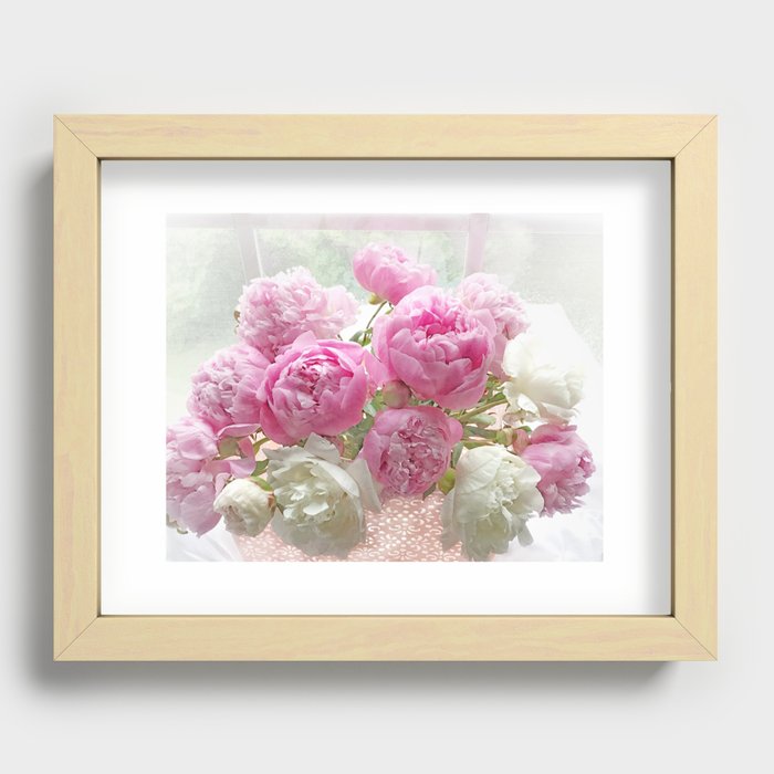 Shabby Chic Garden Pink White Peonies In Window Cottage Flower Wall Art Print, Home Decor, Gift Decor Recessed Framed Print