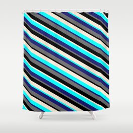 [ Thumbnail: Colorful Cyan, Midnight Blue, Dim Gray, Black, and Beige Colored Lines/Stripes Pattern Shower Curtain ]