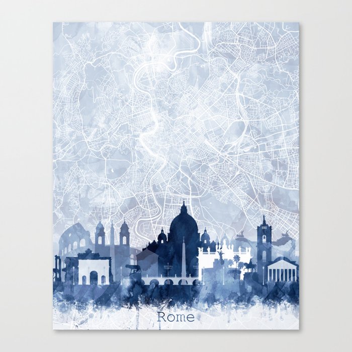 Rome Skyline Map Watercolor Navy Blue, Print by Zouzounio Art Canvas Print
