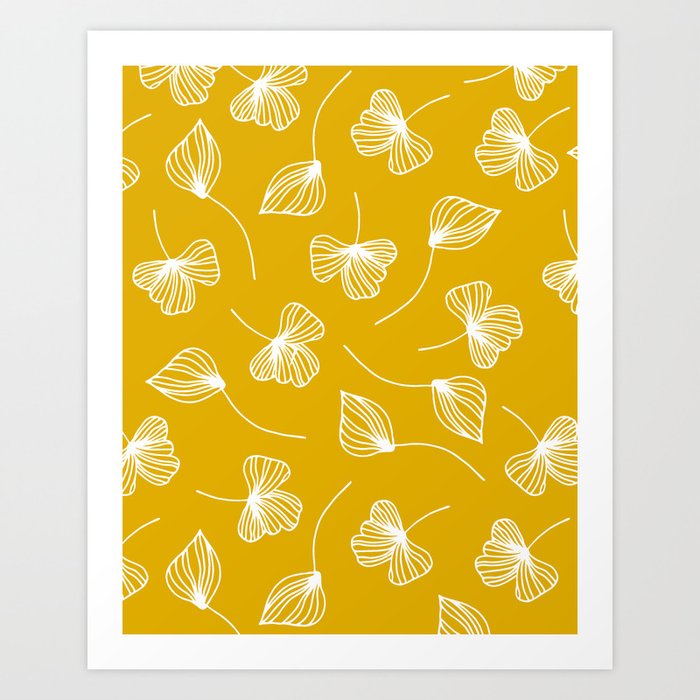 Abstract Line Art Leaf Pattern Mustard Yellow Art Print