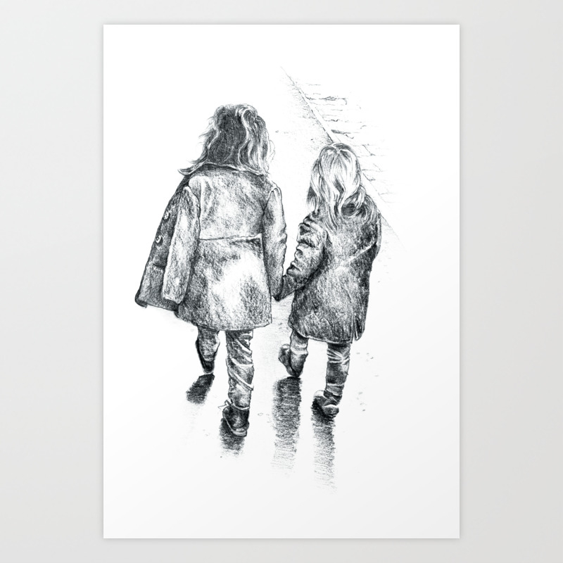 Sisterly Love Walking Hand In Hand Pencil Drawing Art Print