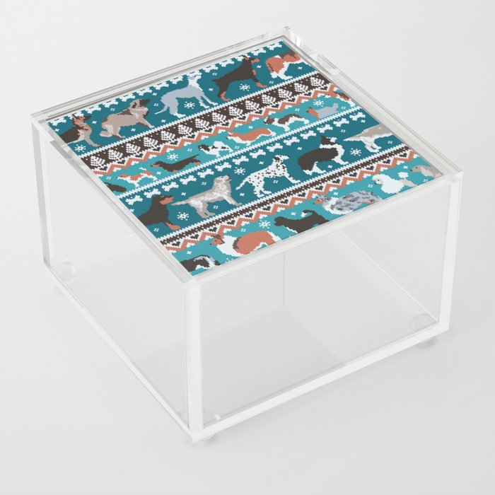 Fluffy and bright fair isle knitting doggie friends // teal background brown orange white and grey dog breeds  Acrylic Box