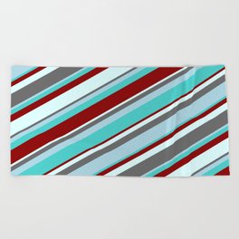 [ Thumbnail: Eyecatching Dim Grey, Light Blue, Turquoise, Dark Red, and Light Cyan Colored Lines Pattern Beach Towel ]